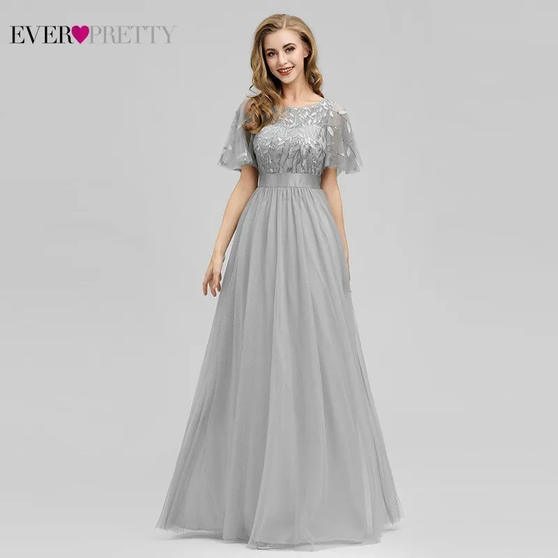 Grey Robe De Soiree блестящие вечерние платья Длинные Ever Pretty EP00904GY A-Line o-образным вырезом с коротким рукавом Вечерние платья женские элегантные платья - Цвет: Grey