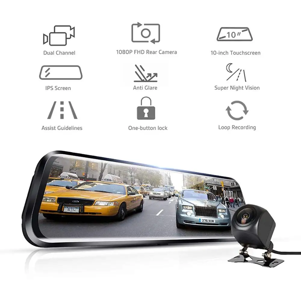 Rexing 10-дюймовый сенсорный экран Dash Cam Dual FHD 1080P потоковая медиа-камера для