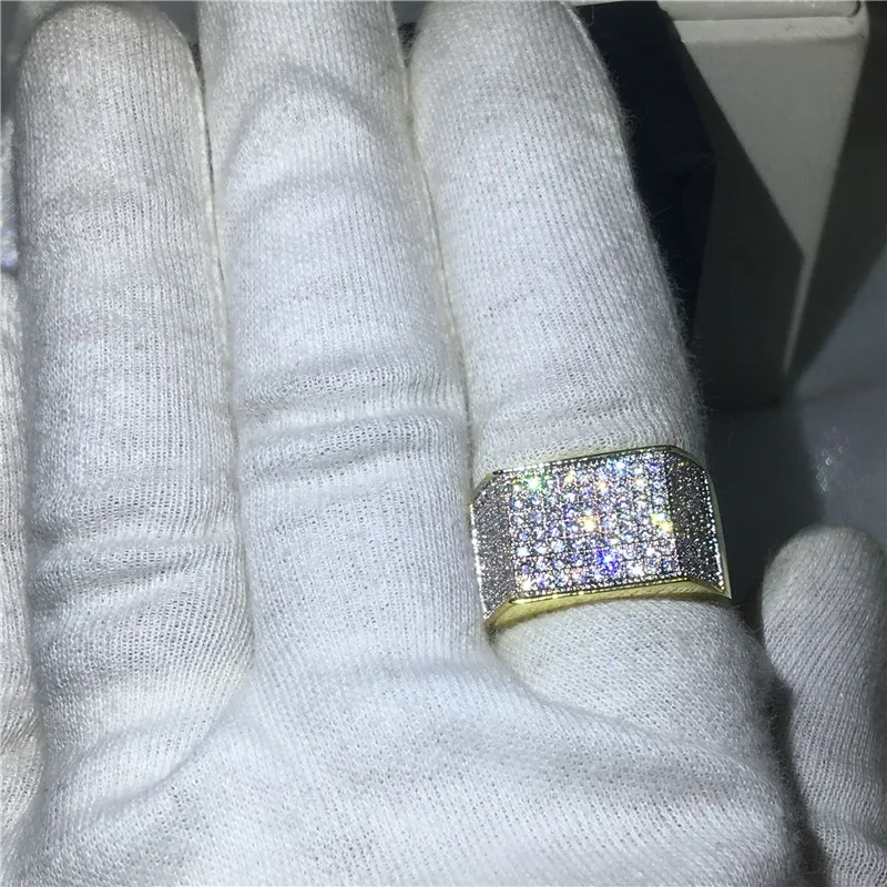 Handsome male ring Pave Setting 119pcs AAAAA Cz Yellow Gold Filled 925 silver Engagement wedding band for men Jewelry Gift | Украшения и