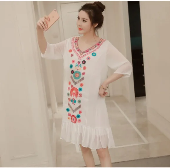 Clobee 2017 Summer Vintage Embroidery Printed Dress For Pregnancy Women Half Sleeve Elegant Ladies Chiffon Ruffles XL126 | Беременность