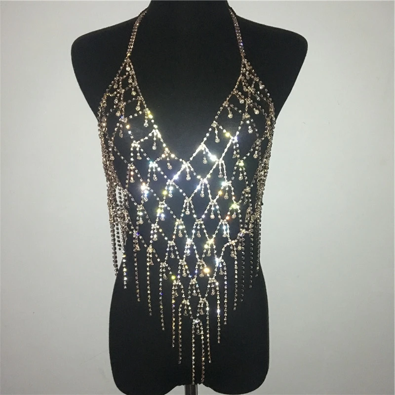 Bling Rhinestones Halter Crop Top Women Sexy Hollow Out Gold Link Chain Tassel Camis Rave Festival Tops Beach Party Clubwear