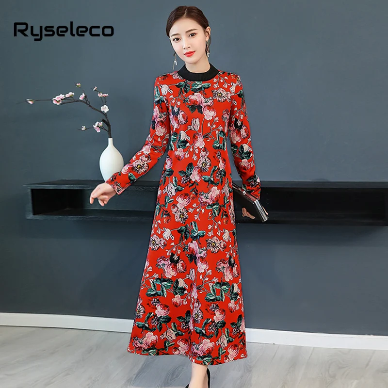 Women Vintage Turtleneck Floral Prints Long Sleeve Casual Basic Plus size Dress Loose Winter Fleece Inner Oversize Dresses | Женская