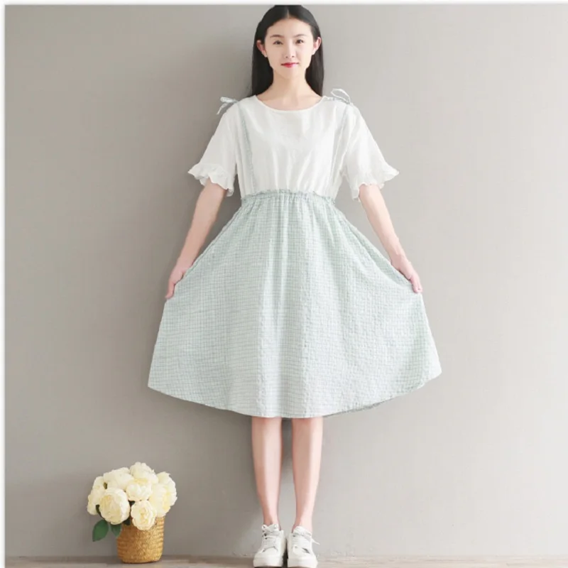 Mori Girl летнее женское милое платье круглый воротник лоскутный плед vestidos De Festa