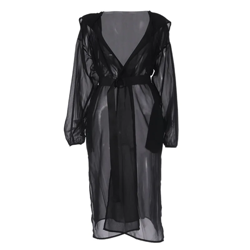 Женское шифоновое кимоно однотонная Длинная блузка кардиган с капюшоном