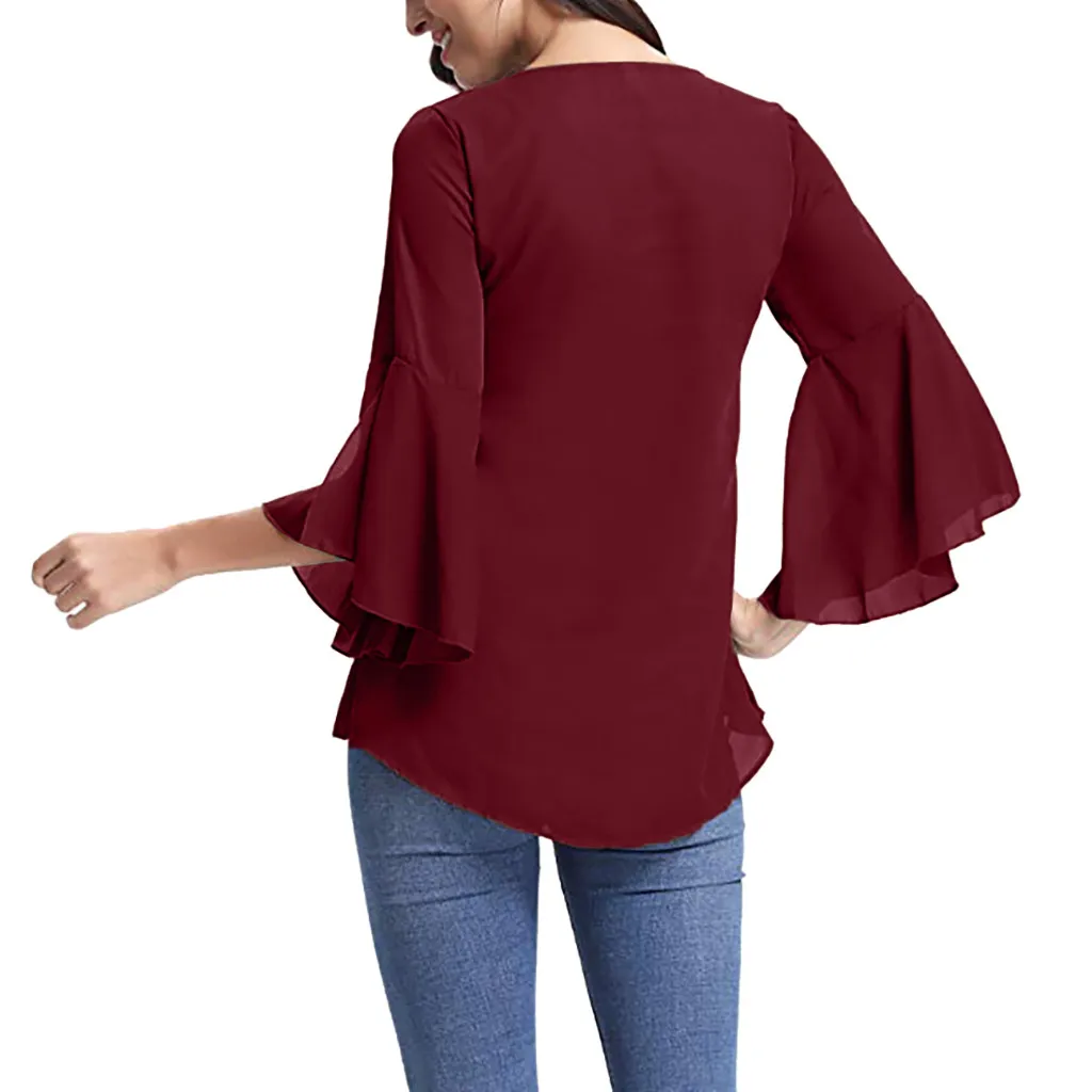 Hot Sale Tops Blouse Shirt Women Ladies Summer V-Neck Bell Sleeve Solid Chiffon Tunic #45 |