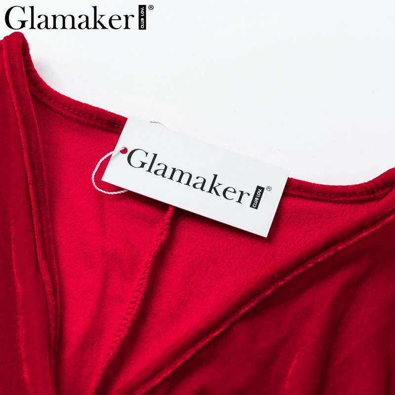 Glamaker Бандажное облегающее платье женское красное бархатное вечернее платье с глубоким v-образным вырезом элегантное женское мини-платье с длинным рукавом и поясом