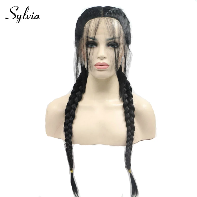 Sylvia 1b# черные два конского хвоста оплетенные синтетические парики на кружеве с волосами для малышей натуральные косички термостойкие волоконные волосы