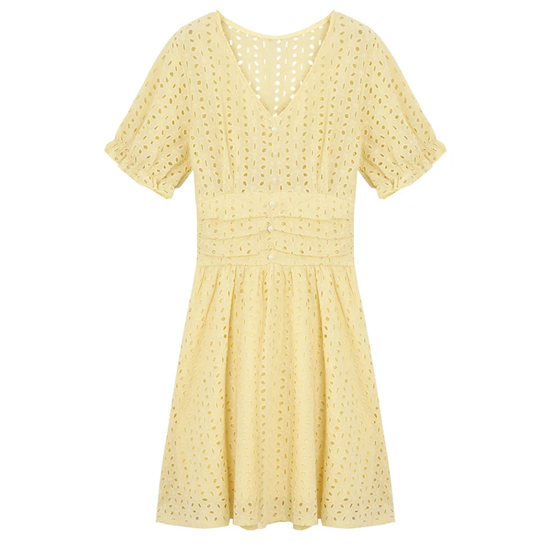 

PERHAPS U White Blue Yellow Light Green V Neck Hollow Out Short Sleeve Mini Solid Imitation Pearl Button Women Summer D1729