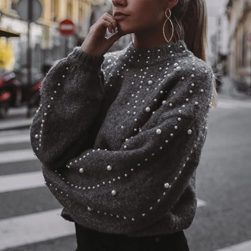 Winter Women Pearl Beading Turtleneck Warm Jumper Knitted Sweater Female Lantern Sleeve Loose Gray Sweaters Pullover Pull | Женская
