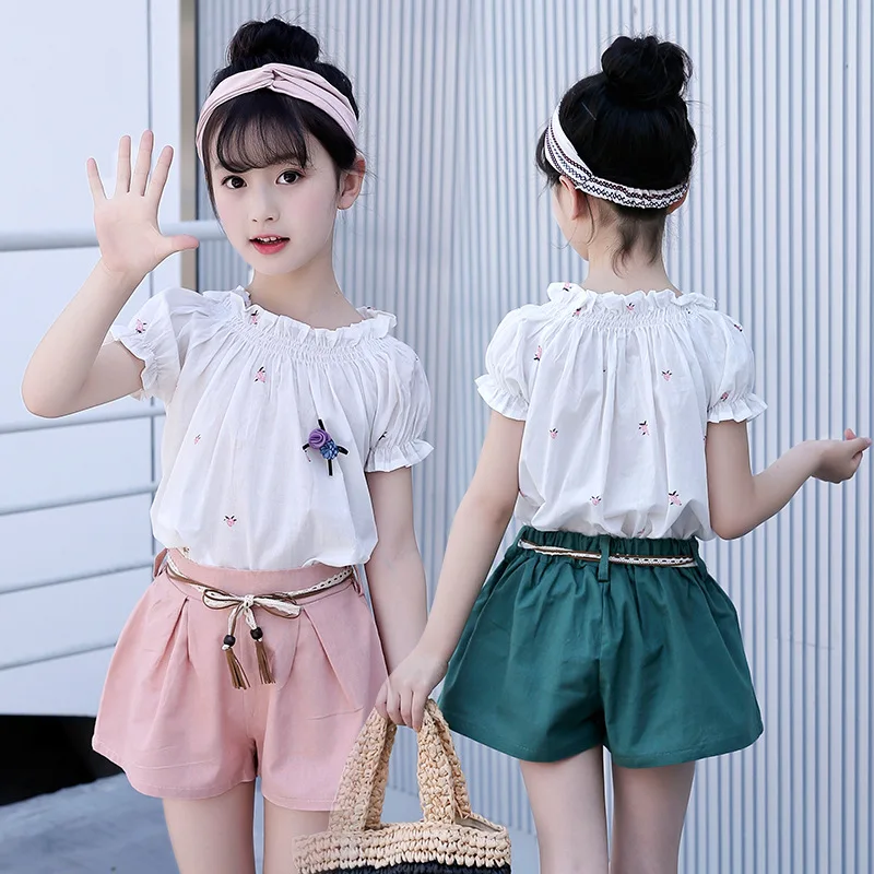 

Girls Clothing Sets 2019 Summer Cotton One-neck Tops & Shorts Two-piece Children Sets Casual Fashion Girls Clothes Suit