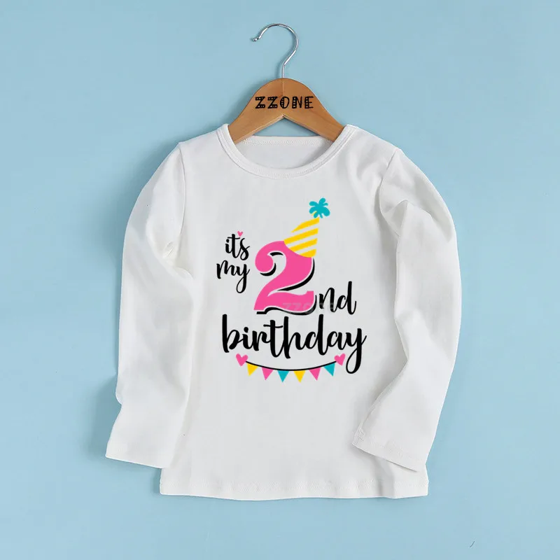 whiteB Футболка с надписью «Happy Birthday» и цифрой 1-9 для девочек одежда с длинными рукавами для малышей Детская забавная футболка в подарок на день рождения с цифрами LKP2432 - Цвет: whiteB