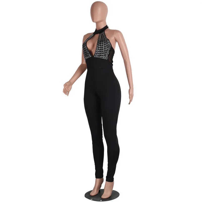 Women Black Halter Sexy Bodycon Jumpsuit Backless Open Back Long Pants Overalls Night Party Rompers Rhinestone Skinny Jumpsuit
