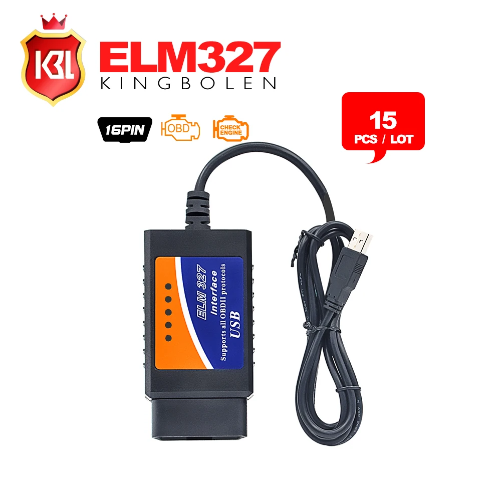 15 шт./лот DHL Бесплатная ELM327 интерфейс USB OBD2 Авто сканер V1.5 OBDII OBD 2 II elm327 usb Супер