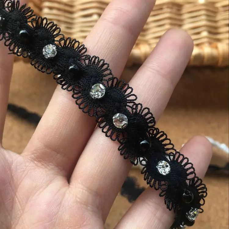 Black 1,5 см широкие блестящие 3D Стразы из бисера, кружевная ткань, вышитая лентой, воротник, аппликация, отделка, свадебное платье, юбки, швейный Декор - Цвет: Black