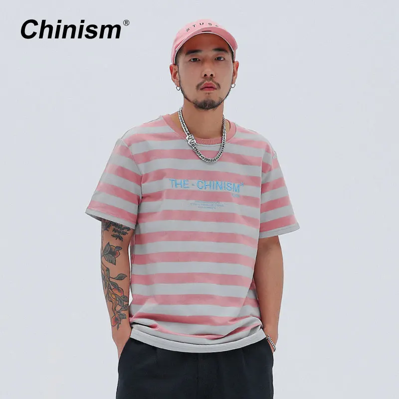 CHINISM 2018 летняя розовая и серая полосатая футболка с коротким рукавом