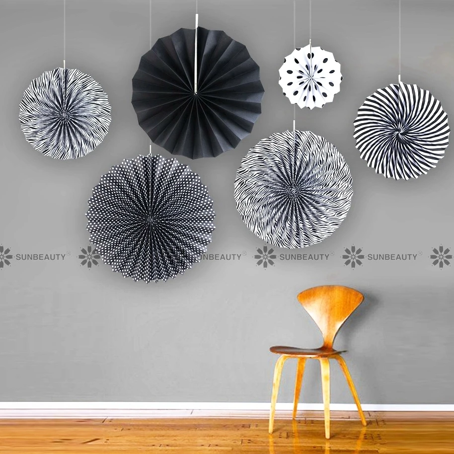 Черно белый Вечерние ничный Декор 6 шт./компл. бумажный веер розетки фон для