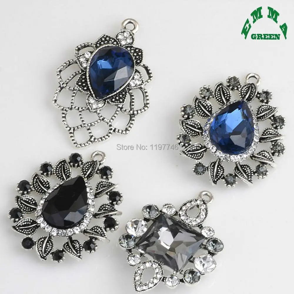 

Tibetan silver Filigree with Navy Royal Blue Black Pear Crystal Pendant Charms 35mm 10pcs for Bridal Vintage Jewelry Ornaments