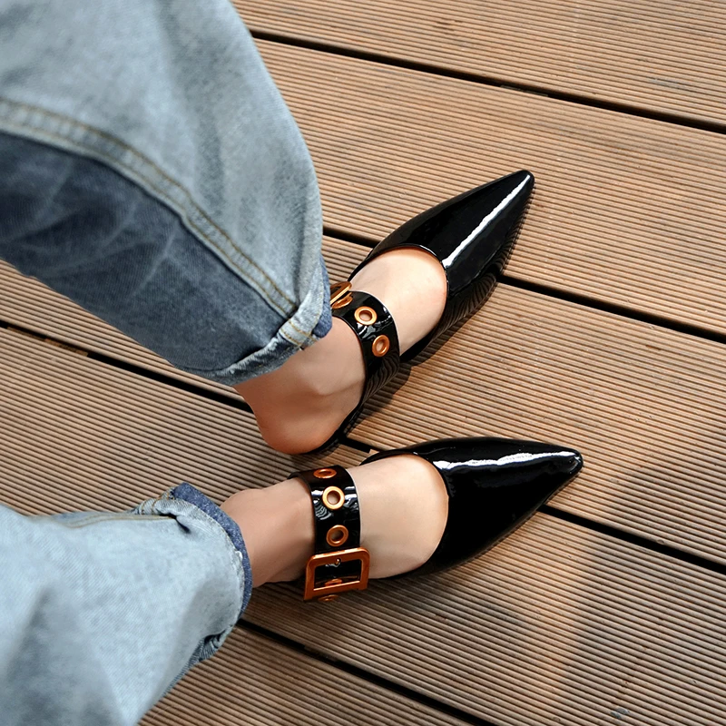 

WETKISS Patent Leather Slippers Woman Pointed Toe Footwear Fashion Slides Shoes Female Low Heels Mules Shoes Women Summer 2019
