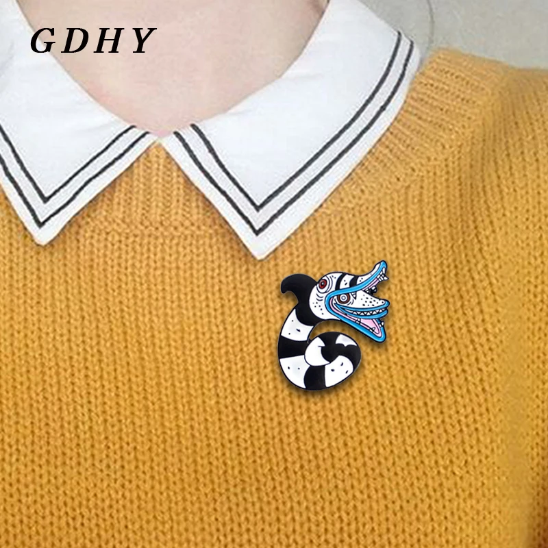 GDHY змея зло существо брошь с открытым ртом черная белая эмалированные булавки