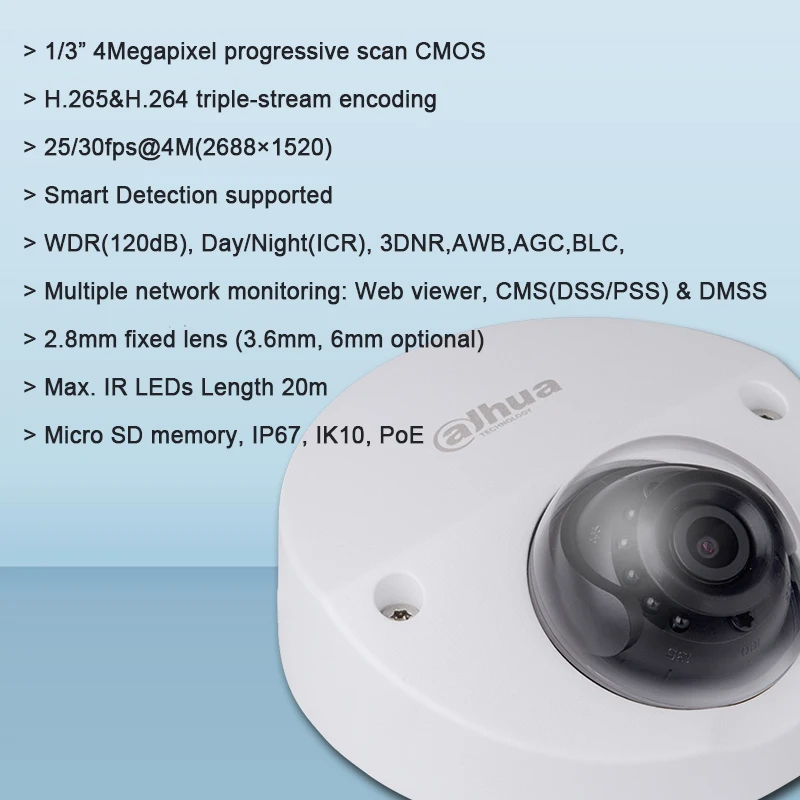 Dahua 4MP IP камера мини купольная IPC HDBW4431F AS IR20m безопасности IP67 поддержка IK10 POE SD карта