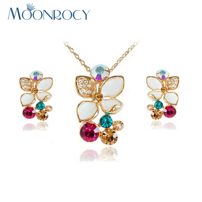 MOONROCY Free Shipping Necklace and Earring Colourful CZ Crystal Jewelry Set Rose Gold Color Flowers for Women Girls Gift - купить по