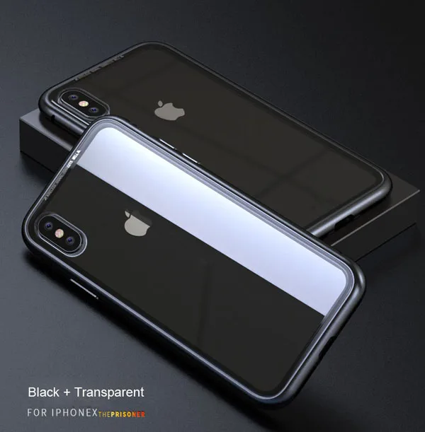 XS Max XR магнит Адсорбция металлический бампер закаленное стекло задняя крышка чехол для телефона iphone XS Max XR 8 7 plus X простая установка - Цвет: Black Transparent