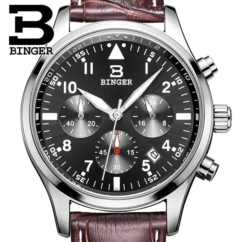 Switzerland BINGER men's watches luxury brand Quartz waterproof leather strap clock Chronograph Stop Watch Wristwatches B9202-9 |