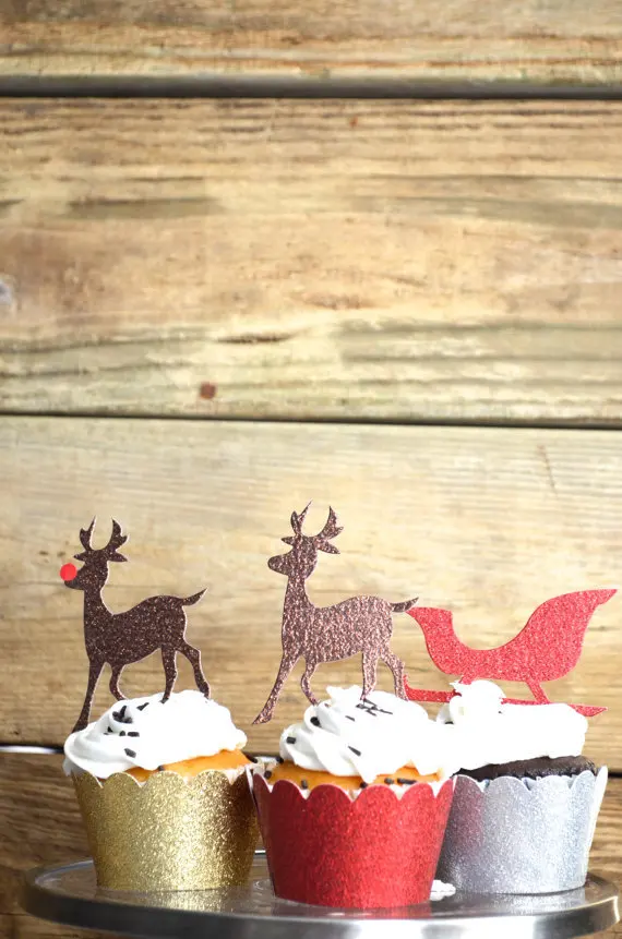 

glitter Reindeer and Sleigh Christmas Cupcake Toppers Party Bachelorette birthday Wedding Bridal Shower Night food picks