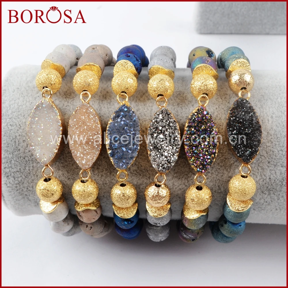 

BOROSA Handcrafted Druzy Bracelets for Women, New Gold Color Marquise & 8mm Rainbow Titanium Druzy Stone Beads Bracelet G1376