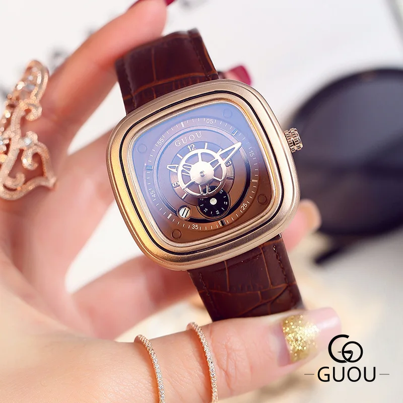 Женские Часы GUOU с кожаным ремешком водонепроницаемые календарем | Наручные часы