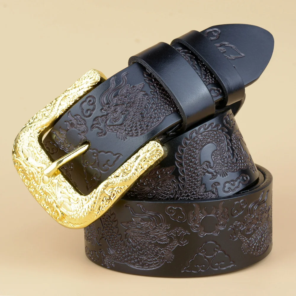 Мужской ремень из натуральной кожи с тиснением пряжкой в виде Золотого