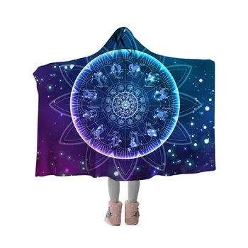 BlessLiving Zodiac Hooded Blanket Lotus Mandala Sherpa Fleece Throw Blanket With Hat Galaxy Constellations Wearable Blanket 5