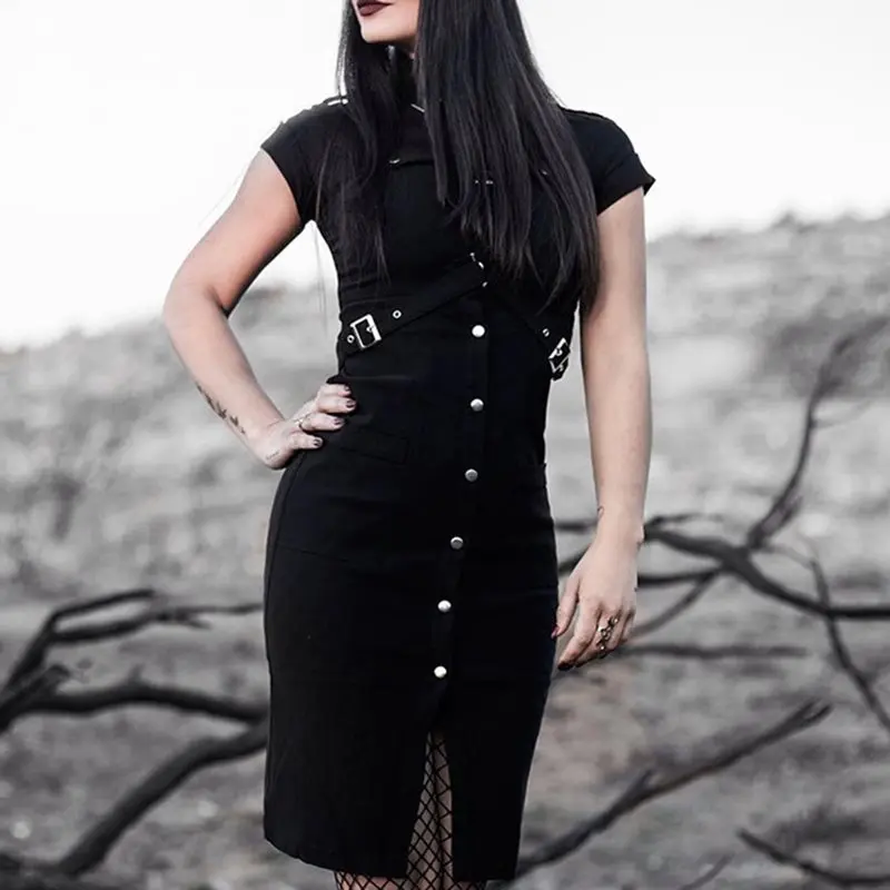 Black Gothic Sexy Women Bodycon Dress Summer French Uniform Streetwear Punk Belt Design Slim Goth Casual Pencil Dresses Female