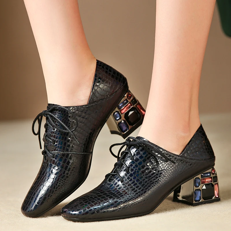 

ISNOM Colorful High Heels Pumps Women Emboss Cow Leather Pumps Lace Up Mules Shoes Female Square Toe Shoes Ladies Autumn 2019