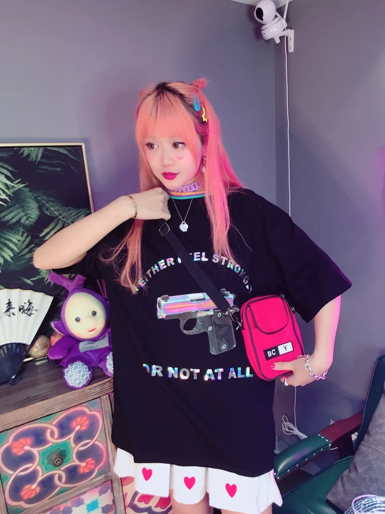 Ulzzang женская фиолетовая футболка с принтом лазерные буквы диско | Женская одежда