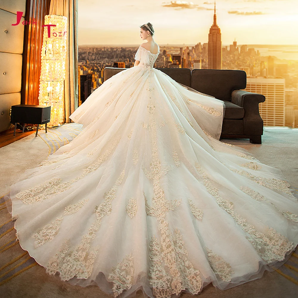Robe De mariée Princesse Luxe 2019 короткий рукав жемчуг Аппликации Цветы кружево роскошное