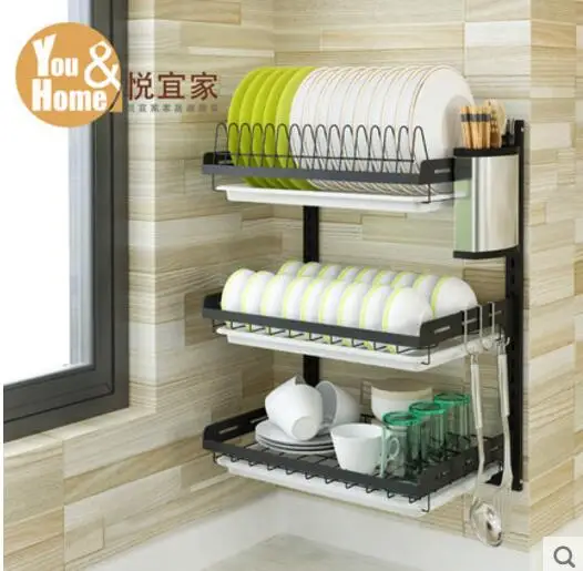 

Stainless steel kitchen shelf, knife, chopsticks, drainage bowl rack, nail-free airing bowl and dish wall hanging black receptac