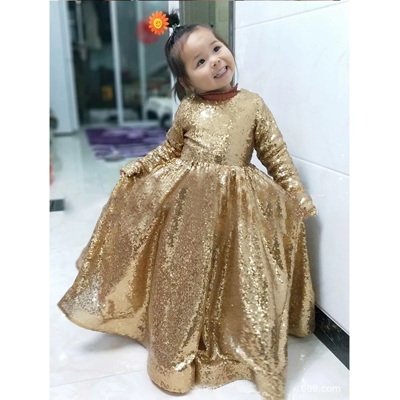 Golden sequin dress princess children clothing stage dance show costume kids ball gowns for proms long sleeve party evening club | Детская