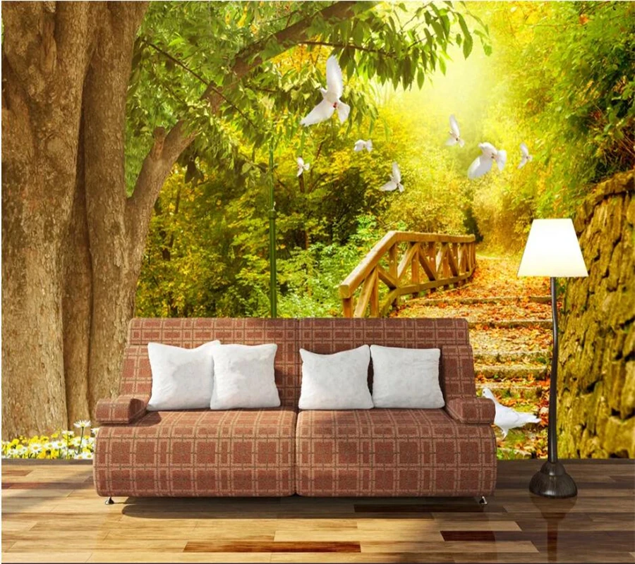 Обои на заказ 3D fresh big tree plank road dove ТВ Фон Стена гостиная спальня ресторан отель