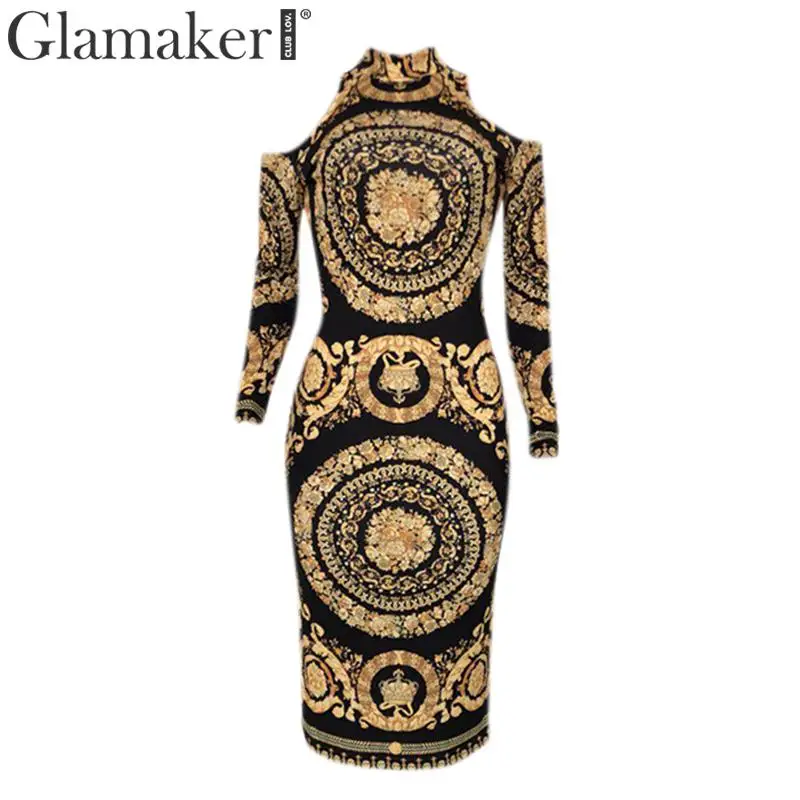 Glamaker с принтом пейсли Золотое сексуальное платье открытыми плечами женское