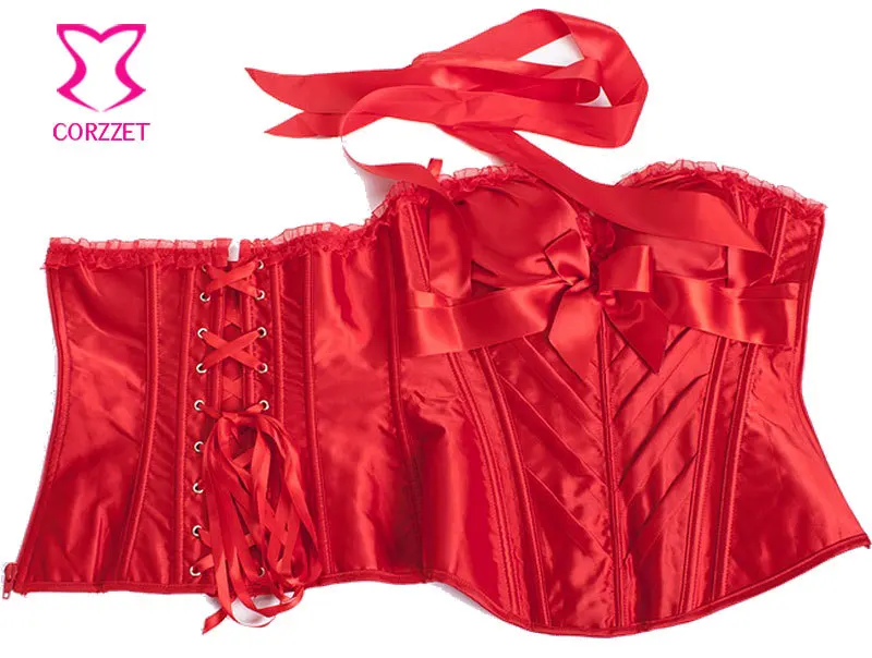 Burlesque Halter красный атласный корсет Overbust Женский 6XL сексуальные корсеты и