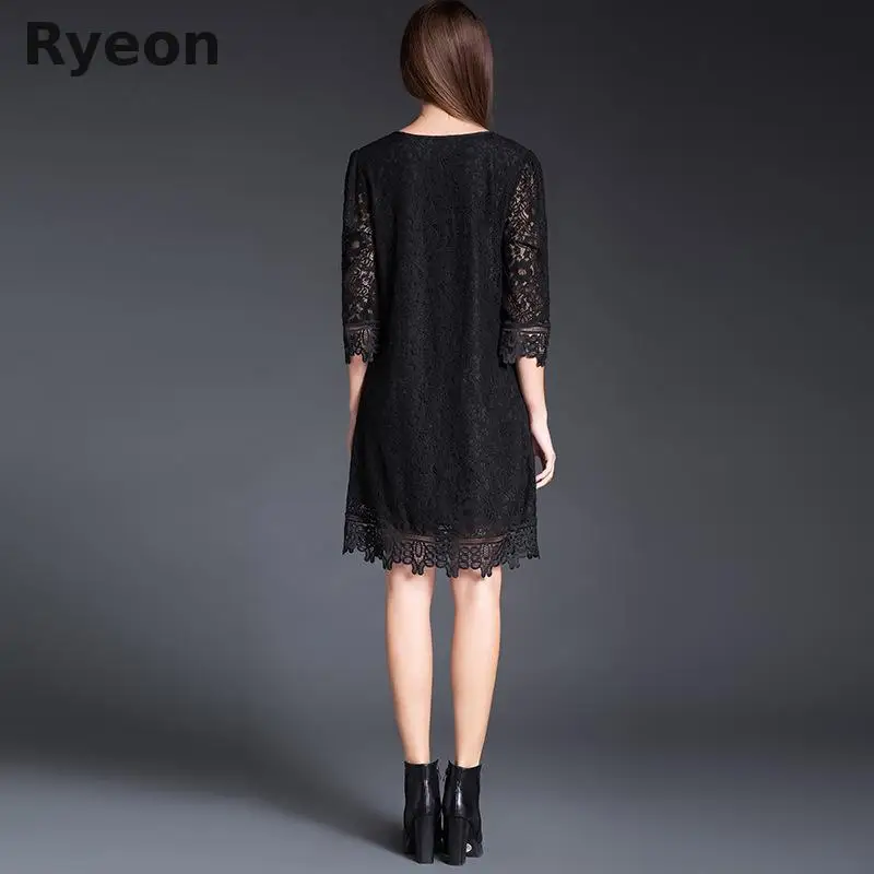 Ryeon Vintage Black Lace Dress A Line Solid Three Четверти Ни колен Регулярное Natural O образным Вырезом