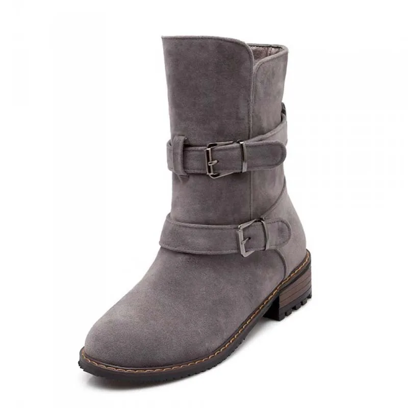 Ботинки Женщин Круглого Toe Пряжка Мотоцикл сапоги Для Стадо Мед Зимние Круглый