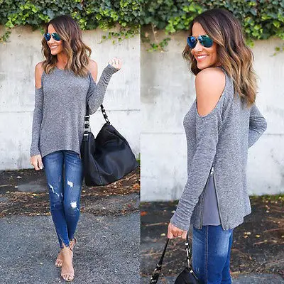 autumn fall spring warm women femme clothing Cold Shoulder Tops Elegant gray Casual Shirt Lady Polyster Off The Blouse | Женская одежда