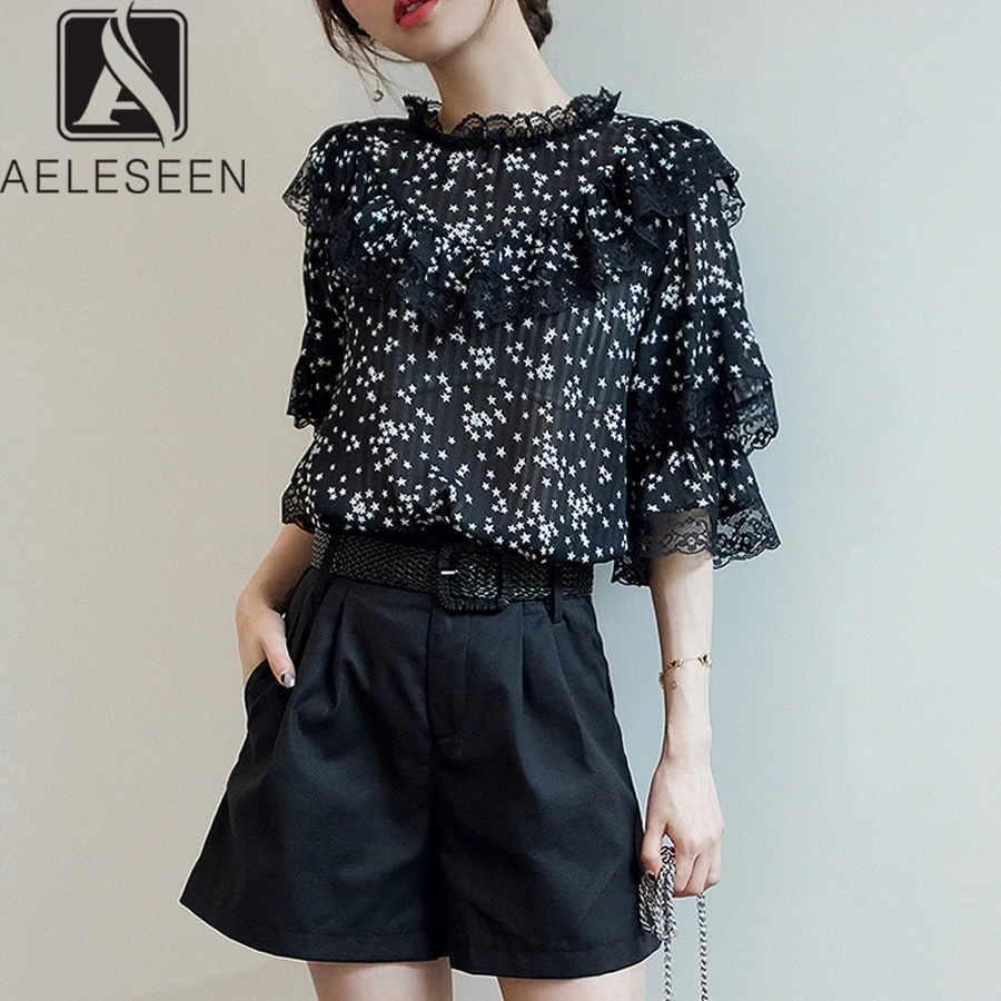 AELESEEN высокое качество офисная блузка 2019 новые летние Для женщин с расклешенными