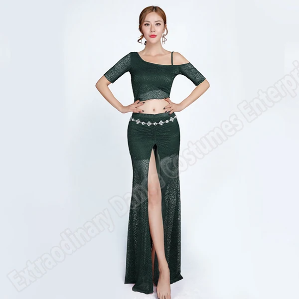 Одежда для тренировок Топ Юбка женская сексуальная мода Bellydance восточные Костюмы комплект Топ для профессионалов юбки раздельный кружевной 2 шт - Цвет: Green-2pcs