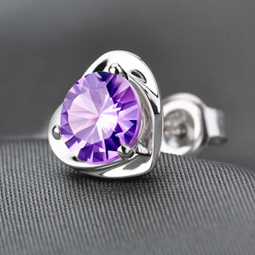 Горячая Любовь Сердце Фиолетовый Стразы посеребренные серьги-гвоздики женские