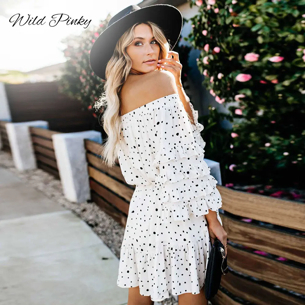 2019 летнее женское платье с открытыми плечами и принтом шифоновое в горошек