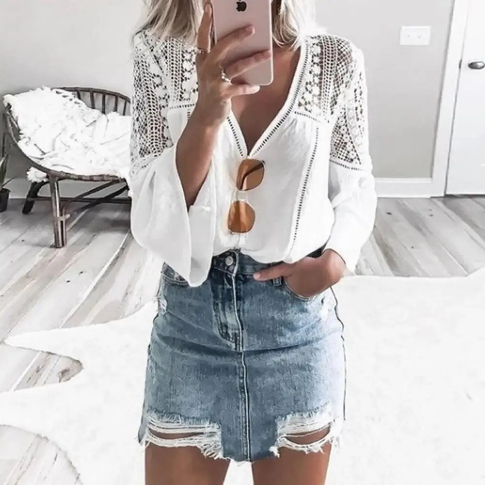 Летний стильный женский топ с роговым рукавом кружевной вышивкой укороченные