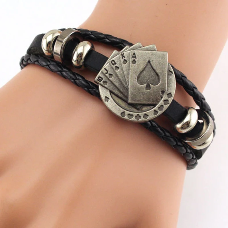 

HOMOD Vintage Men Jewelry Black Leather Bracelet Playing Cards Raja Vegas For Men Multilayer Braided Bracelet Pulsera